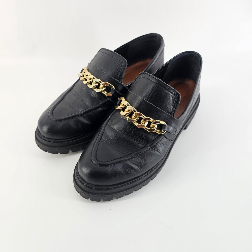 VTG Anthropologie Loafers 10 Black Leather Gold Chain Lug Sole Chunky Edgy 90s